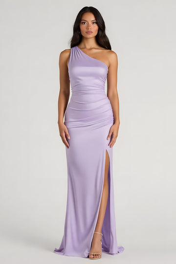 One Shoulder Lilac Sheath Bridesmaid Dress With Slit